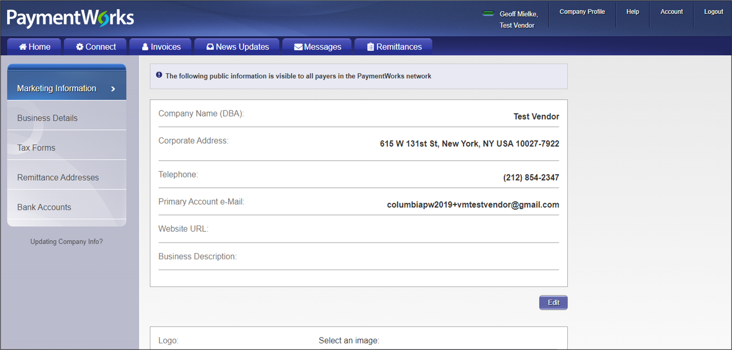 Sample view of a fake company profile to demonstrate fields available to edit in PaymentWorks.