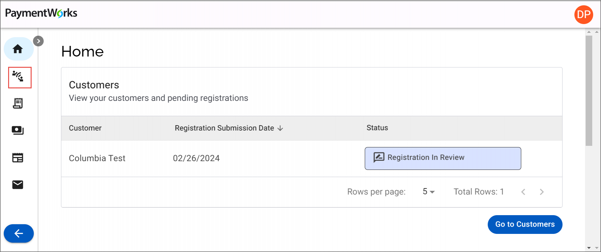 Sample view of a PaymentWorks registration status on the homepage.