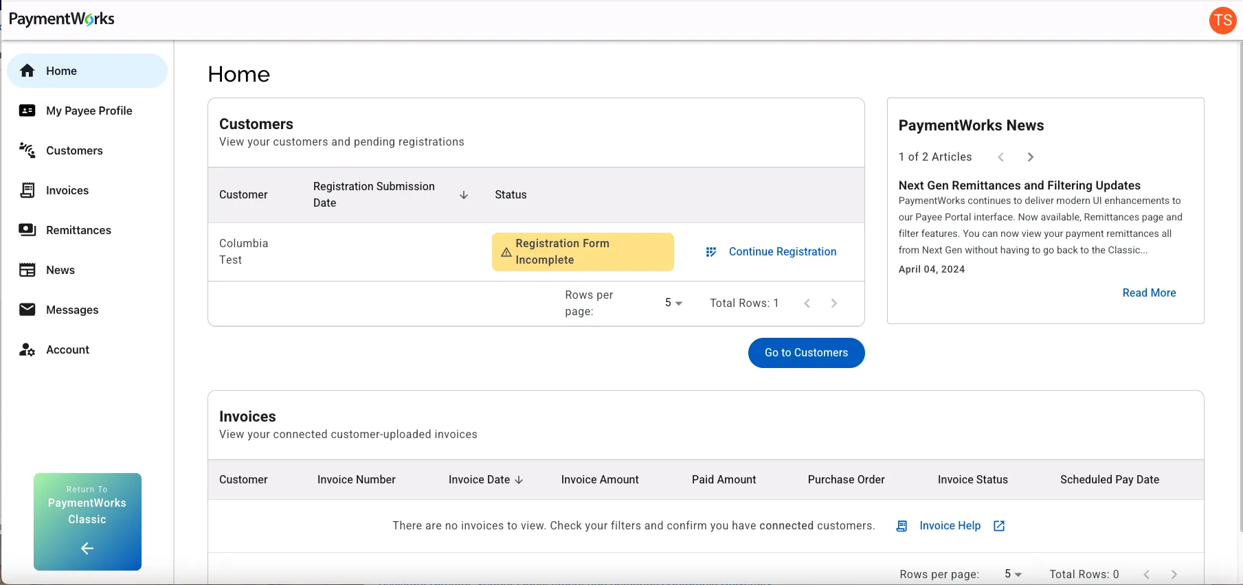 Sample of PaymentWorks screen for checking the status of your vendor Registration