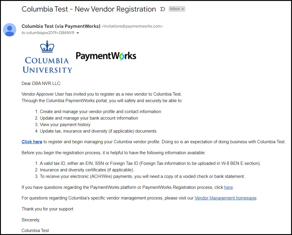Sample vendor invitation email from PaymentWorks