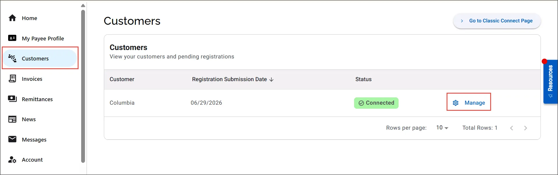 Screenshot of PaymentWorks' Customers tab that indicates via a red box to click the Manage button to edit the registration information for each customer. 