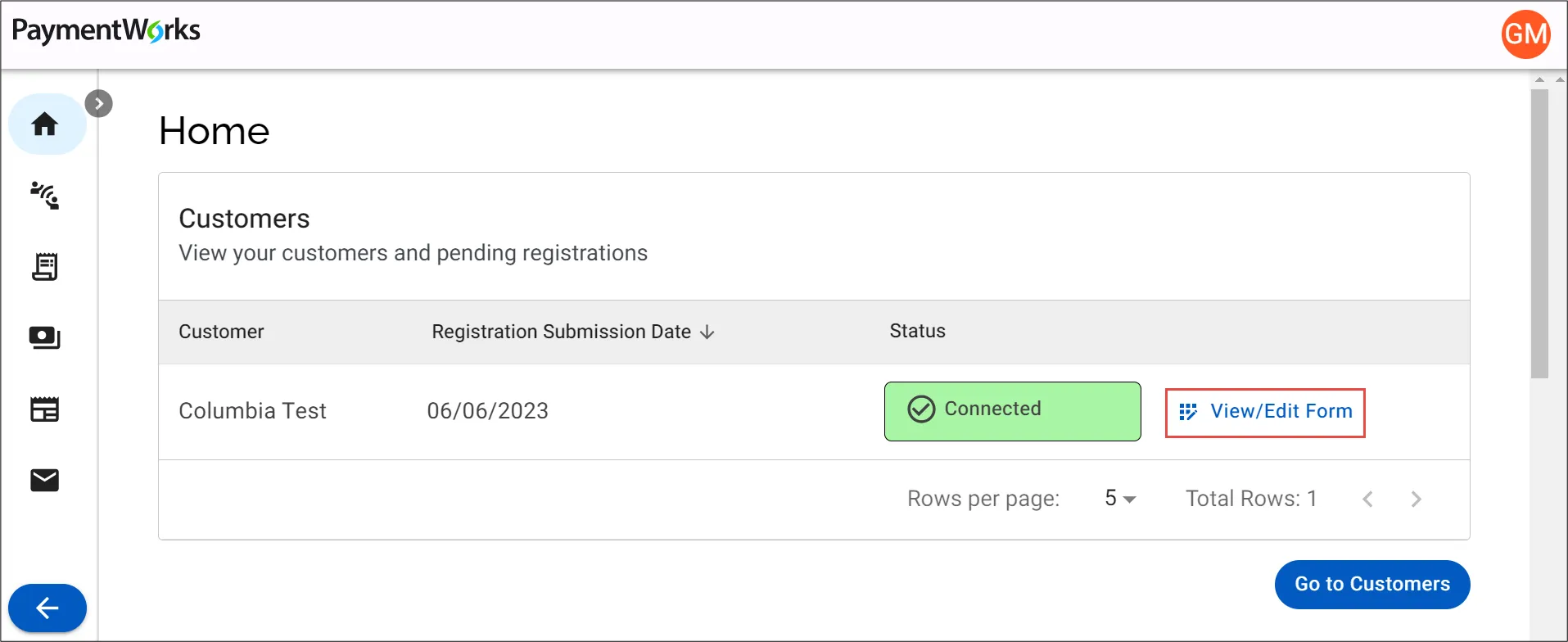 Sample view of Columbia registration form available to edit under Customers list.