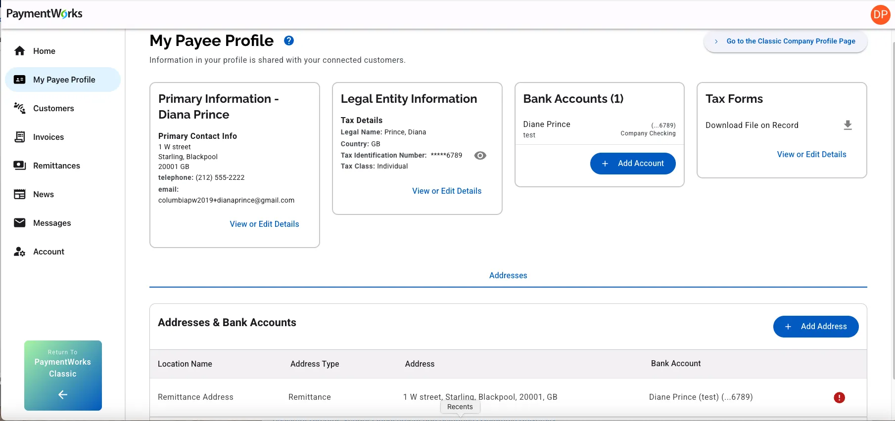 Sample view of updating Payee Profile in PaymentWorks. 